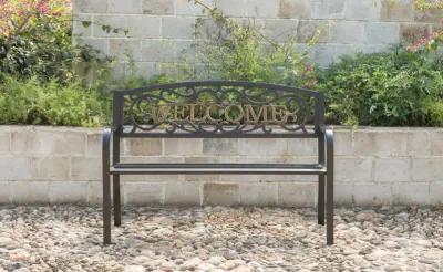 Steel Outdoor Patio Garden Park Seating Bench with Cast Iron Welcome Backrest, Front Porch Yard Bench Lawn Decor