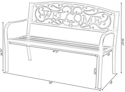 Steel Outdoor Patio Garden Park Seating Bench with Cast Iron Welcome Backrest, Front Porch Yard Bench Lawn Decor