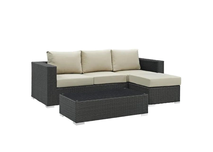 Sojourn Outdoor Patio Furniture Set - Sunbrella Cushions, Synthetic Rattan, UV Protection, Aluminum Frame - Includes Coffee Table, Ottoman, Sofa