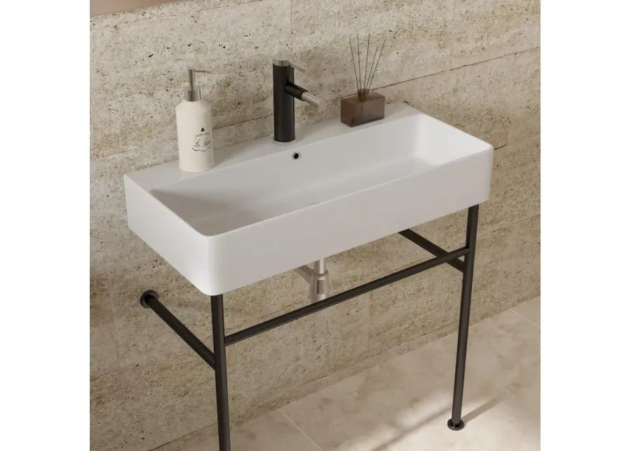 32" Bathroom Console Sink With Overflow, Ceramic Console Sink White Basin Black Legs