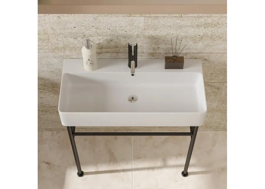 32" Bathroom Console Sink With Overflow, Ceramic Console Sink White Basin Black Legs