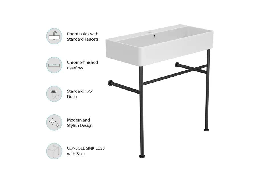 32" Bathroom Console Sink With Overflow, Ceramic Console Sink White Basin Black Legs