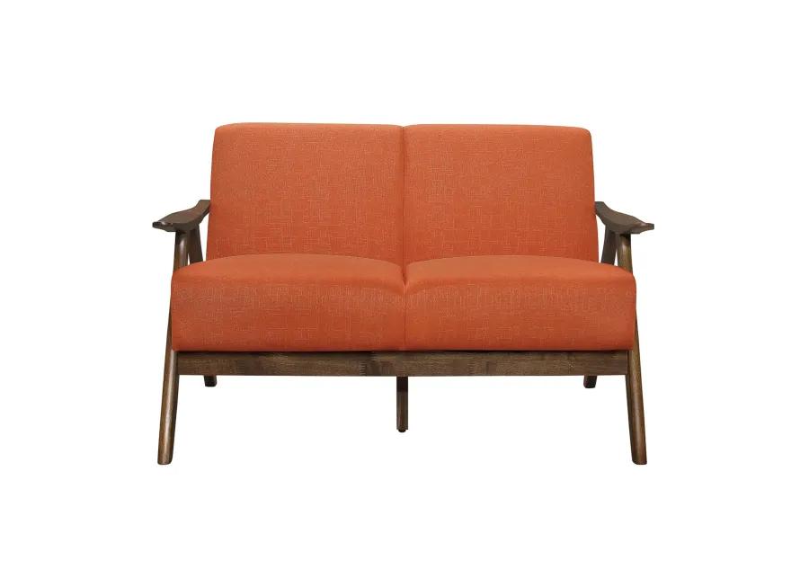 Indy 51 Inch Loveseat, Brown Wood Angled Frame, Textured Orange Fabric - Benzara