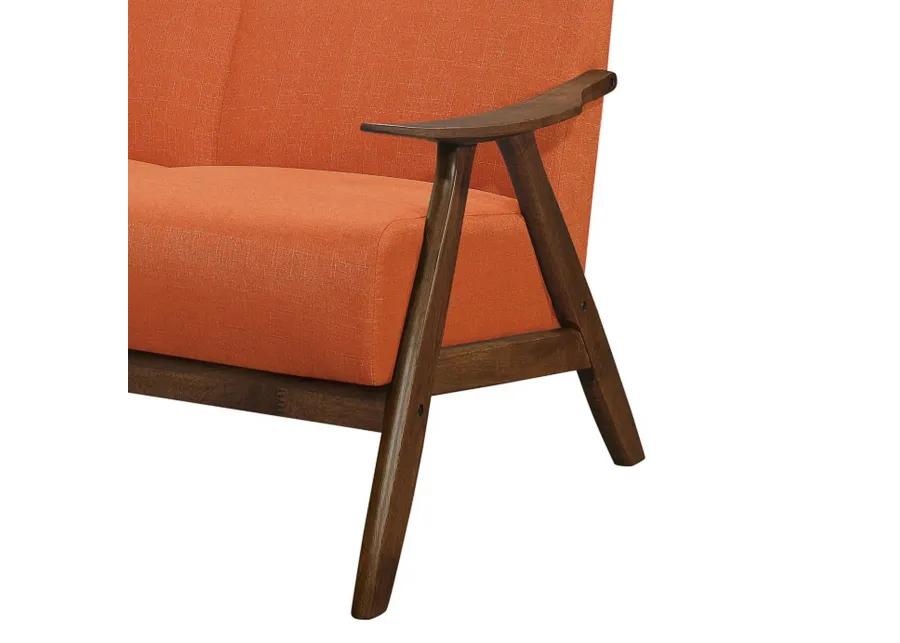 Indy 51 Inch Loveseat, Brown Wood Angled Frame, Textured Orange Fabric - Benzara