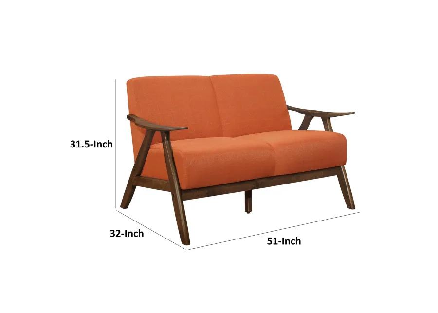 Indy 51 Inch Loveseat, Brown Wood Angled Frame, Textured Orange Fabric - Benzara