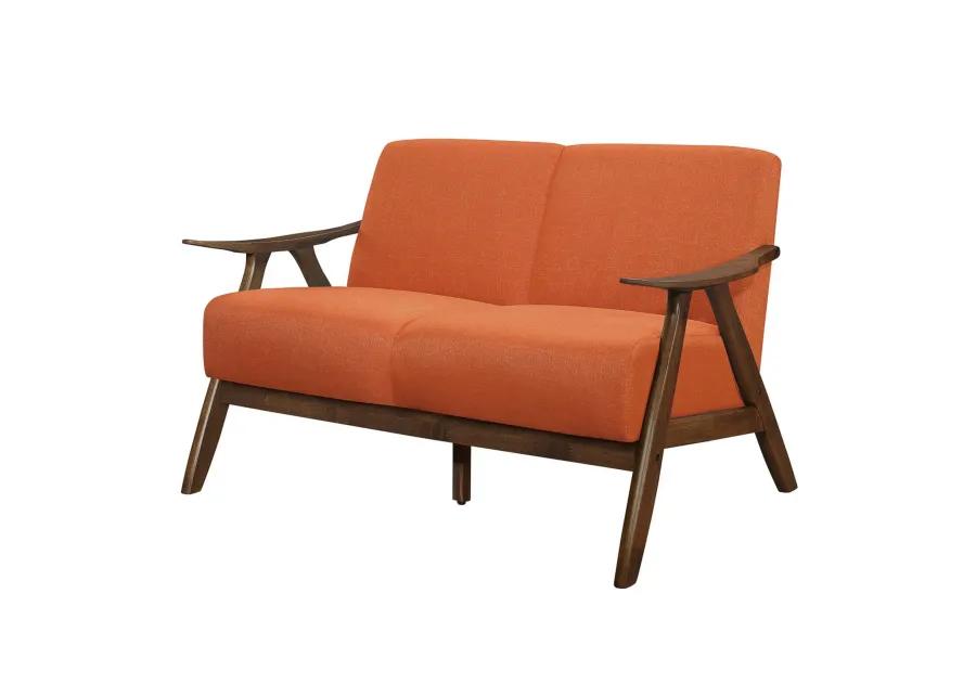 Indy 51 Inch Loveseat, Brown Wood Angled Frame, Textured Orange Fabric - Benzara