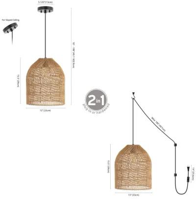 Koda 13" 1-Light Farmhouse Coastal Bohemian Rattan 180" Cord Plug-In or Hardwired LED Pendant, Brown