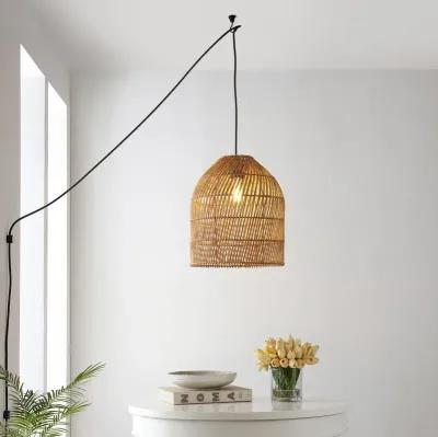 Koda 13" 1-Light Farmhouse Coastal Bohemian Rattan 180" Cord Plug-In or Hardwired LED Pendant, Brown