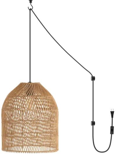 Koda 13" 1-Light Farmhouse Coastal Bohemian Rattan 180" Cord Plug-In or Hardwired LED Pendant, Brown