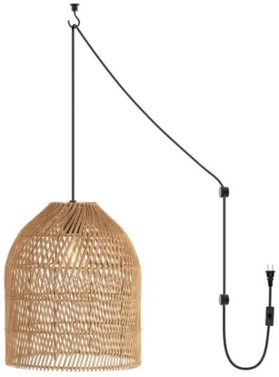 Koda 13" 1-Light Farmhouse Coastal Bohemian Rattan 180" Cord Plug-In or Hardwired LED Pendant, Brown