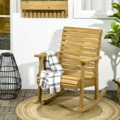 Classic Porch Seating: Wooden Rocking Chairs with Slatted Design