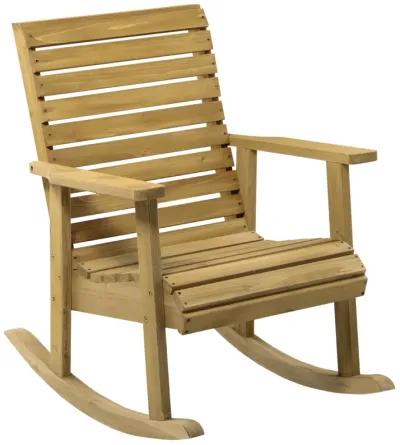 Classic Porch Seating: Wooden Rocking Chairs with Slatted Design