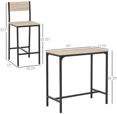 Natural Wood Bistro: 3-Piece Industrial Bar Table Set with 2 Stools