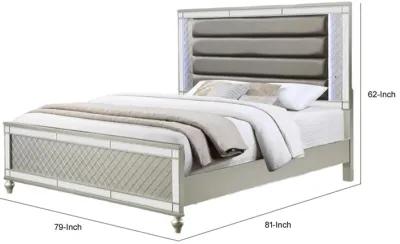 Benjara Cristo King Size Bed, Fabric Upholstery, Wood, Mirror Trim, Champagne Silver and Gray