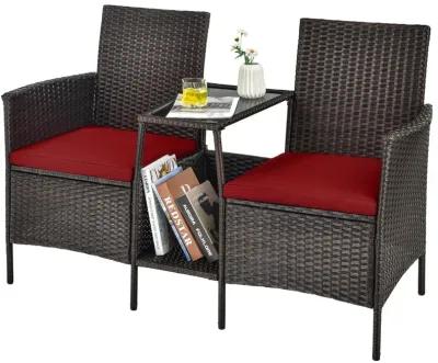 Patio Rattan Wicker Conversation Set Sofa Cushioned Loveseat Glass Table