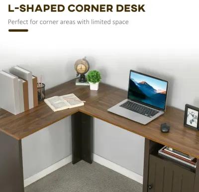 Coffee Walnut Workspace: L-Shaped Desk with Hutch and Storage