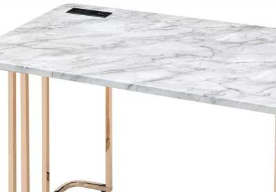 Jenny 47 Inch Desk, USB Power Outlet, Gold Metal Legs, White Faux Marble - Benzara