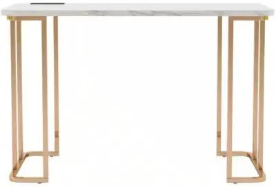 Jenny 47 Inch Desk, USB Power Outlet, Gold Metal Legs, White Faux Marble - Benzara