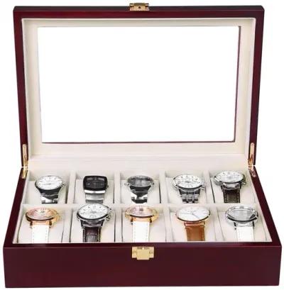 Cherry Watch Box with 10 Slots Large Glass Top Display Case and Storage Organizer