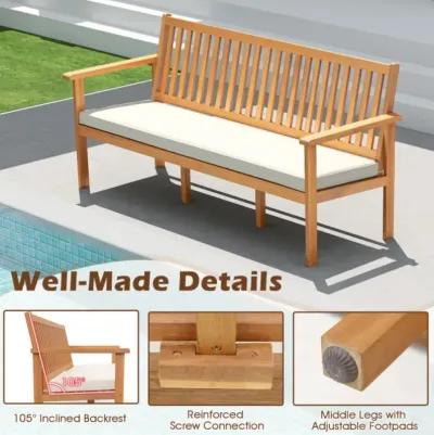 Hivvago Outdoor 3-Seat Wood Bench with Seat Cushion and Slatted Seat-Natural