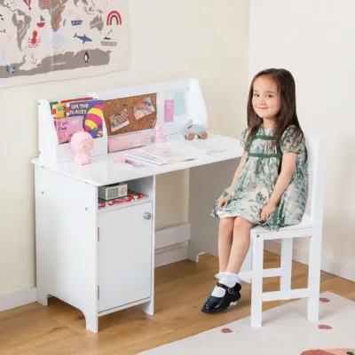 Wooden Kids Study Desk and Chair Set with Storage Cabinet and Bulletin Board