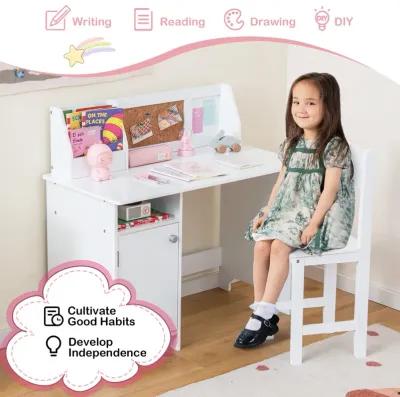 Wooden Kids Study Desk and Chair Set with Storage Cabinet and Bulletin Board