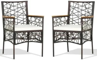 Hivvago 2 Pieces PE Wicker Patio Bistro Dining Chairs with Acacia Wood Armrests and Cushions