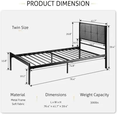 Hivvago Twin Metal Platform Bed Frame with Gray Button Tufted Upholstered Headboard