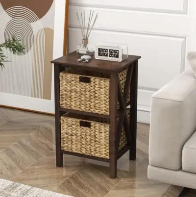 Hivvago Nightstand with Seagrass Baskets Narrow X-Design