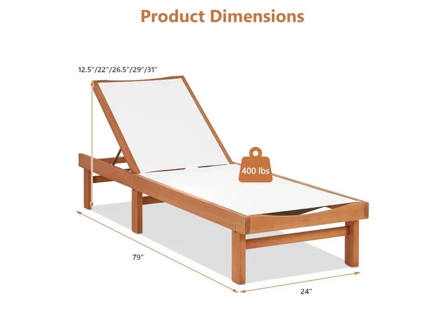 Outdoor Wood Chaise Lounge Chair with 5-Postion Adjustable Back