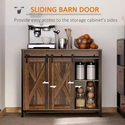 Rustic Brown Dining: Industrial Buffet with Sliding Barn Doors