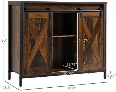 Rustic Brown Dining: Industrial Buffet with Sliding Barn Doors