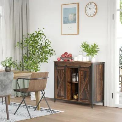 Rustic Brown Dining: Industrial Buffet with Sliding Barn Doors