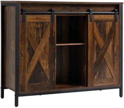 Rustic Brown Dining: Industrial Buffet with Sliding Barn Doors