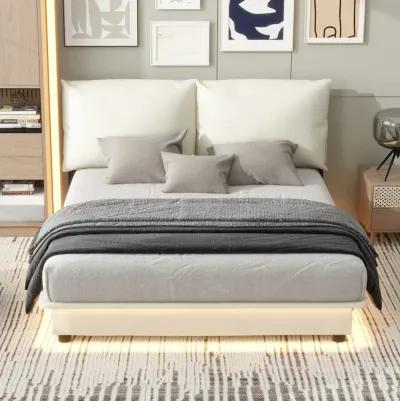 Queen Size Upholstered Platform Bed With Sensor Light And Ergonomic Design Backrests, White