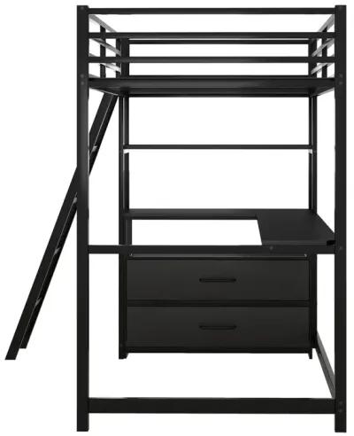 Merax Metal&Wood Loft Bed with Desk and Shelves