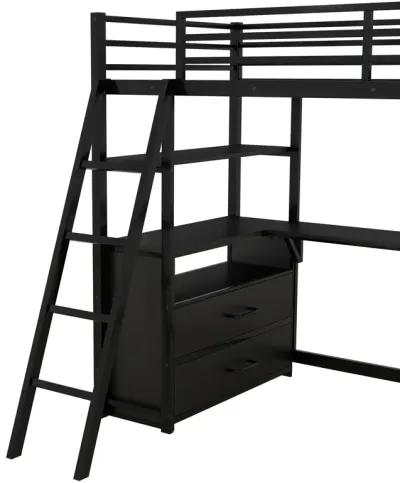 Merax Metal&Wood Loft Bed with Desk and Shelves