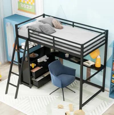 Merax Metal&Wood Loft Bed with Desk and Shelves