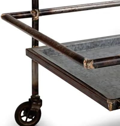 35 Inch 2 Tier Bar Cart, Industrial Style, Caster Wheels, Rustic Bronze - Benzara