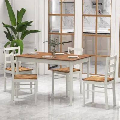 5-Piece Wooden Dining Set with Rectangular Table and 4 Chairs-Coffee and White