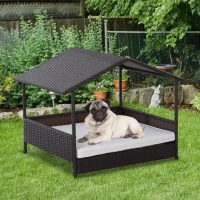 Espresso Wicker Weather Resistant Raised Dog Bed House with 2 in Thick Cushion