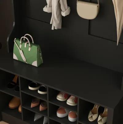 68.5 in. Black Wood 3-in-1 Hall Tree Coat Rack Storage Bench with 7-Metal Double Hooks and Shelves