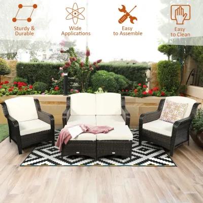 5 Pieces Patio Rattan Sofa Set with Cushion and Ottoman