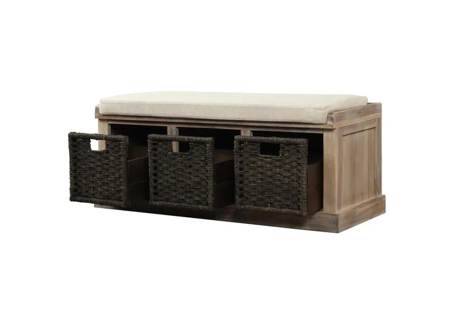 Rustic Storage Bench with 3 Removable Classic Rattan Basket, Entryway Bench with Removable Cushion (Navy)