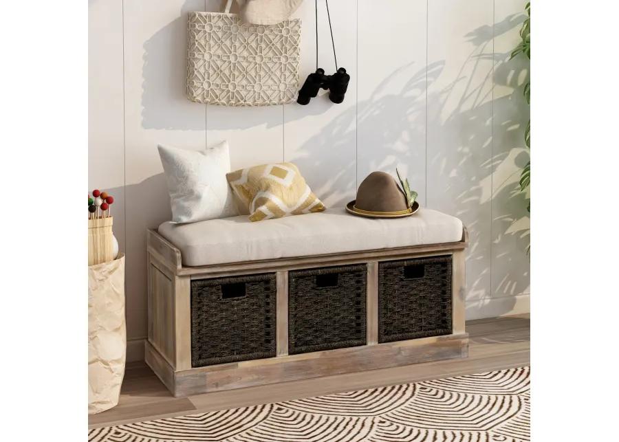 Rustic Storage Bench with 3 Removable Classic Rattan Basket, Entryway Bench with Removable Cushion (Navy)