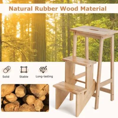 Hivvago 3-in-1 Rubber Wood 3 Tier Folding Step Stool Ladder Storage Shelf