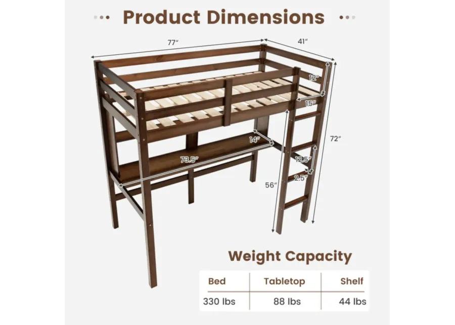 Twin Size Solid Wood Slatted Loft Bed Frame with Safety Guardrail for Kid