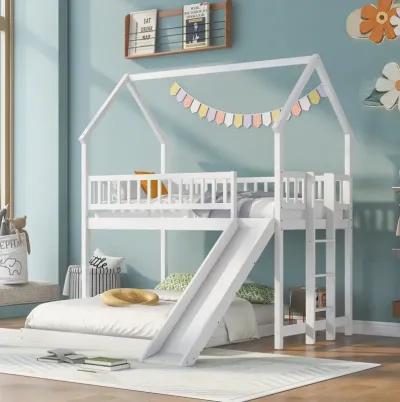 Twin Over Full House Bunk Bed With Slide And Built-In Ladder, Full-Length Guardrail, White