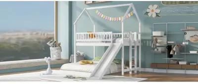 Twin Over Full House Bunk Bed With Slide And Built-In Ladder, Full-Length Guardrail, White