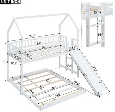 Twin Over Full House Bunk Bed With Slide And Built-In Ladder, Full-Length Guardrail, White